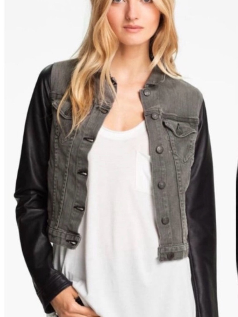 rag & bone Two-Tone Gray Denim Jacket with Black Faux Leather Sleeves